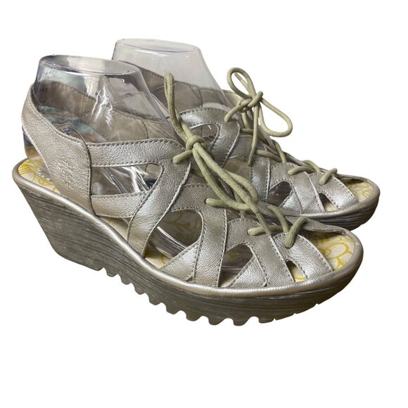 Fly London Yapi Leather Lace Up Wedge Sandals Silver Sz 40 (EU) - Picture 2 of 11